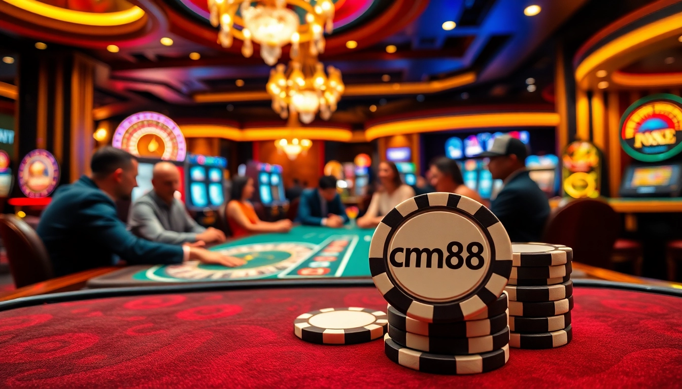 Experience the thrill of cm88 at a luxurious casino poker game, filled with vibrant chips, roulette wheels, and excitement.