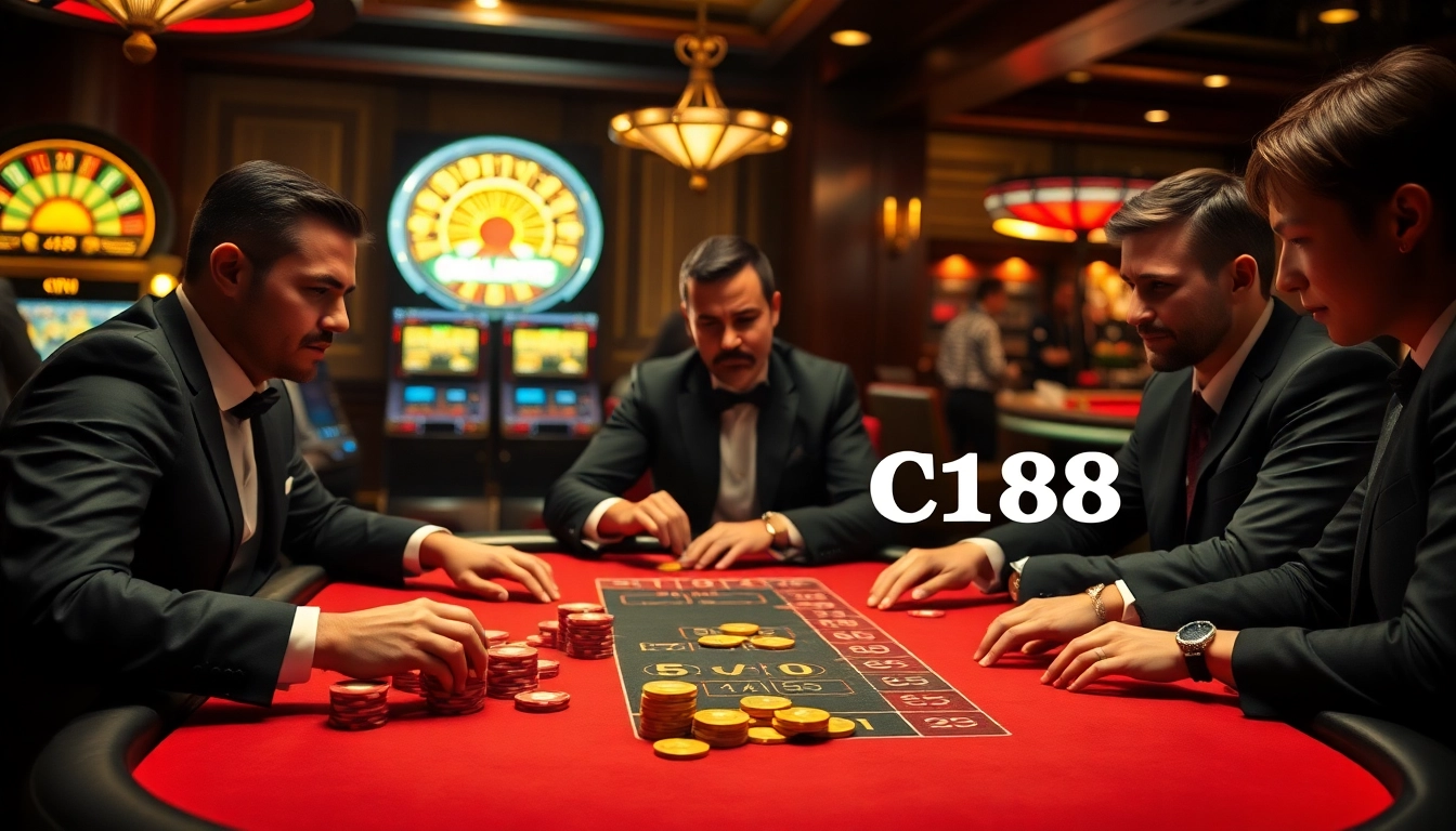 C168 gamblers place bets at an elegant poker table with vibrant chips and a roulette backdrop.