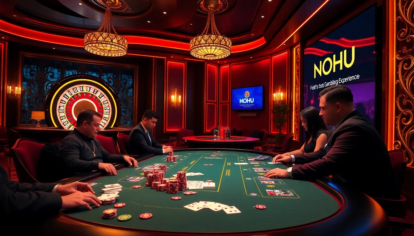 NOHU showcases an elite poker room filled with excited players, vibrant chip stacks, and an illuminated roulette wheel, embodying luxurious gaming.
