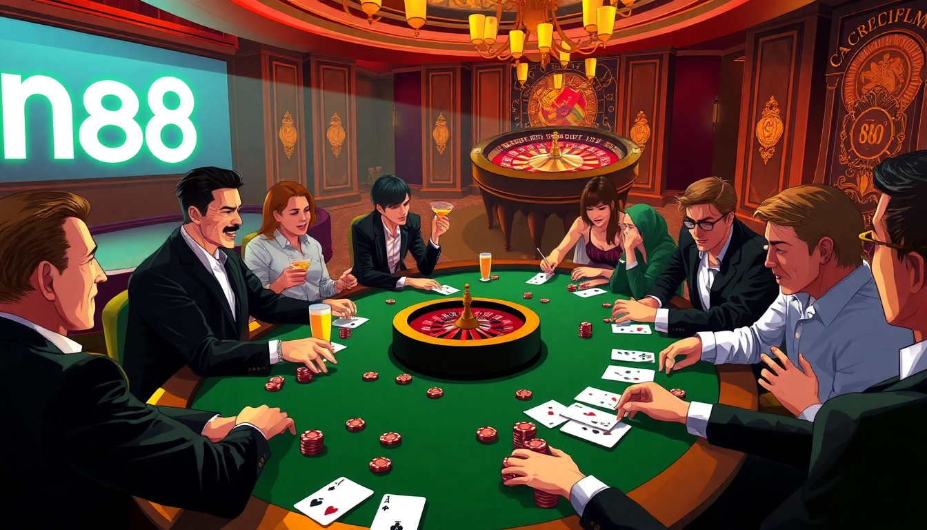 Players enjoy a thrilling poker game at New88 casino, showcasing high-stakes action, vibrant ambience, and excitement.
