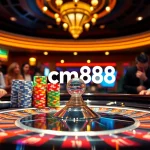 Players at a casino table engaging in high stakes with cm88-themed betting chips and vibrant cards.