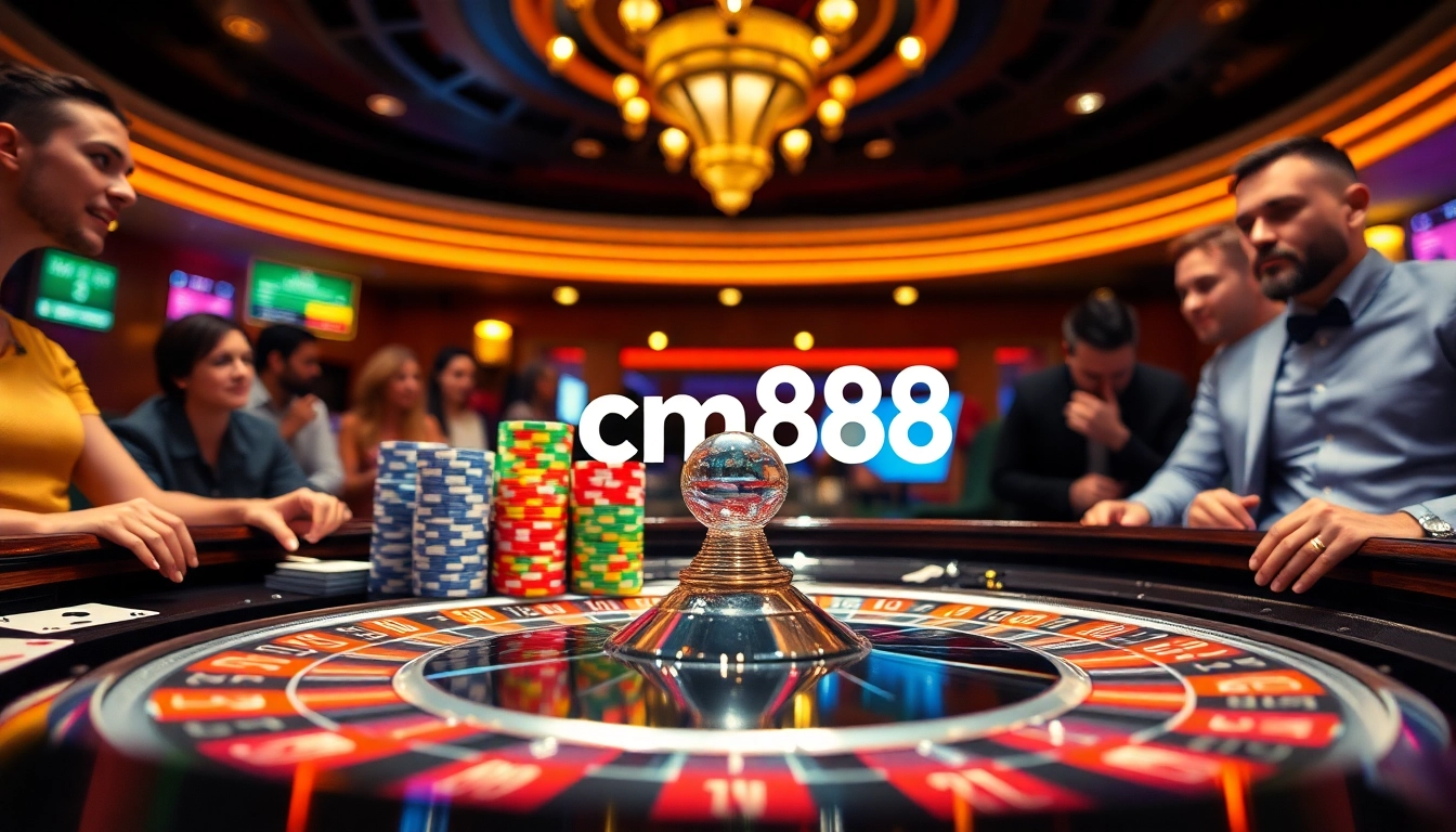 Players at a casino table engaging in high stakes with cm88-themed betting chips and vibrant cards.