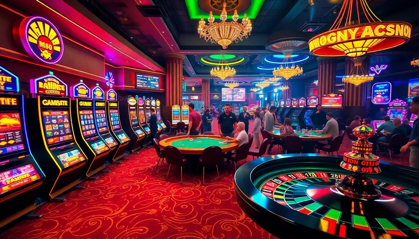Players enjoying the exciting atmosphere at MM88 casino with vibrant slot machines and poker tables.