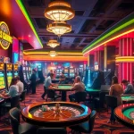 Engage in high-stakes gaming at the VMAX Game casino, featuring vibrant slot machines and poker tables.