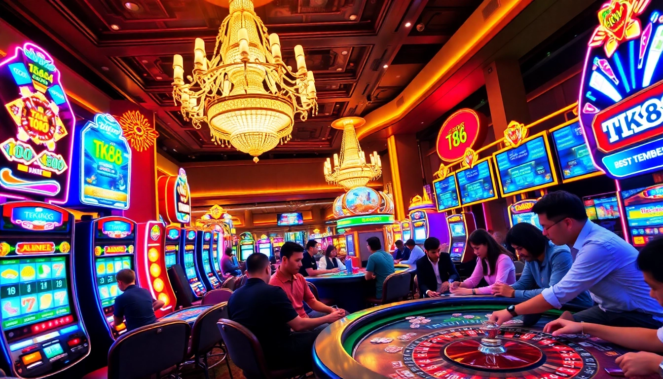 tk88 players celebrating wins at an advanced casino gaming table, with bright lights and exciting atmosphere.