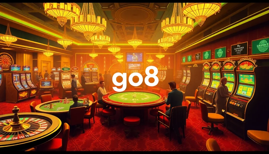 Experience go8 gaming thrill at a lively casino, featuring players at poker tables and vibrant slot machines.