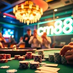 Enthusiastic players engage at a cm88-themed poker table in an extravagant casino atmosphere.