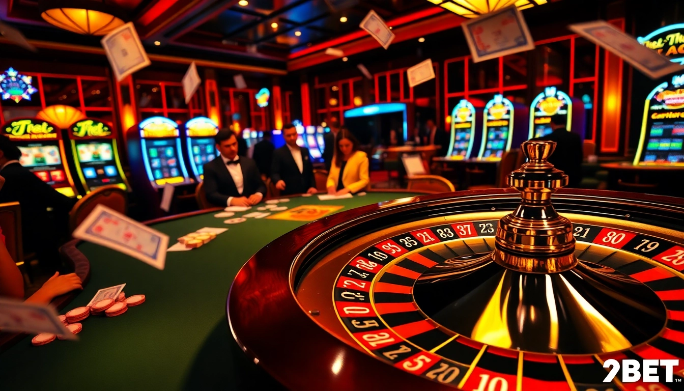 Experience the thrill at 789BET with players in an upscale casino, enjoying poker and roulette.