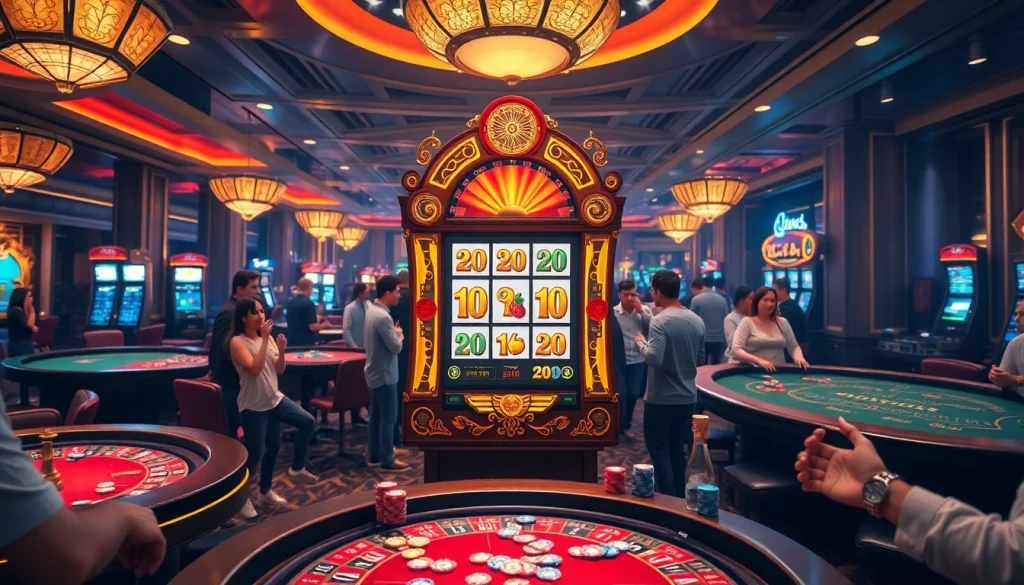 Nổ hũ slot machine attracting enthusiastic players in a lavish casino setting filled with poker chips and colorful cards.