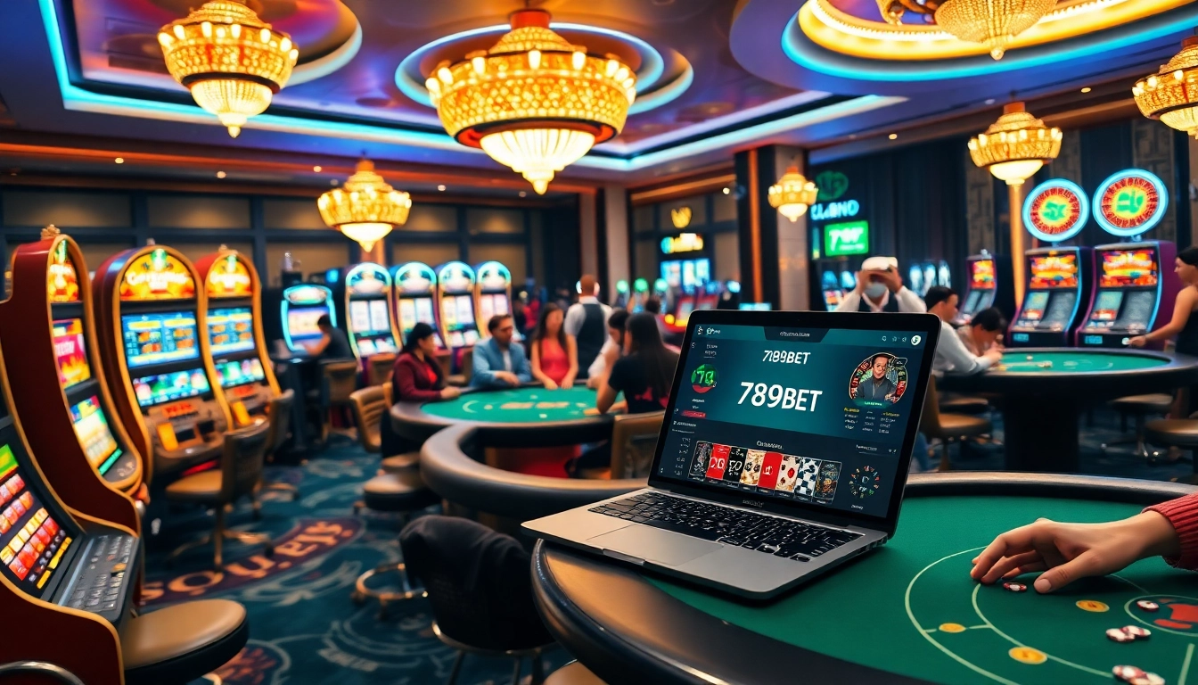 Experience the thrill at 789BET with engaging casino activities like roulette and poker under vibrant lighting.