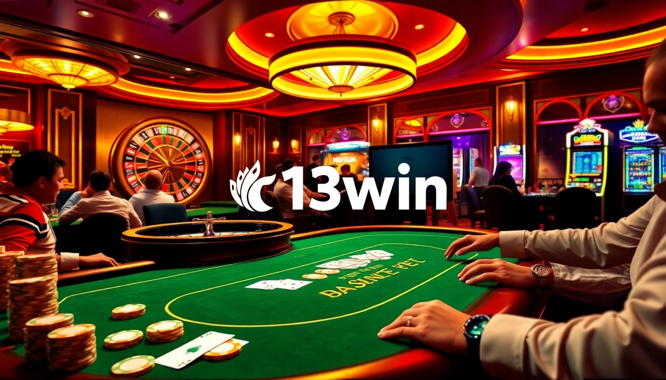 Experience the thrill of 13win with players at a high-stakes poker table in a luxurious casino setting.