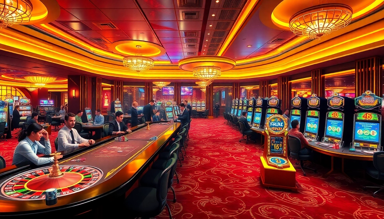 Exciting casino scene showcasing players at tables and slot machines at https://88aamobi.com/ for an exhilarating gambling experience.