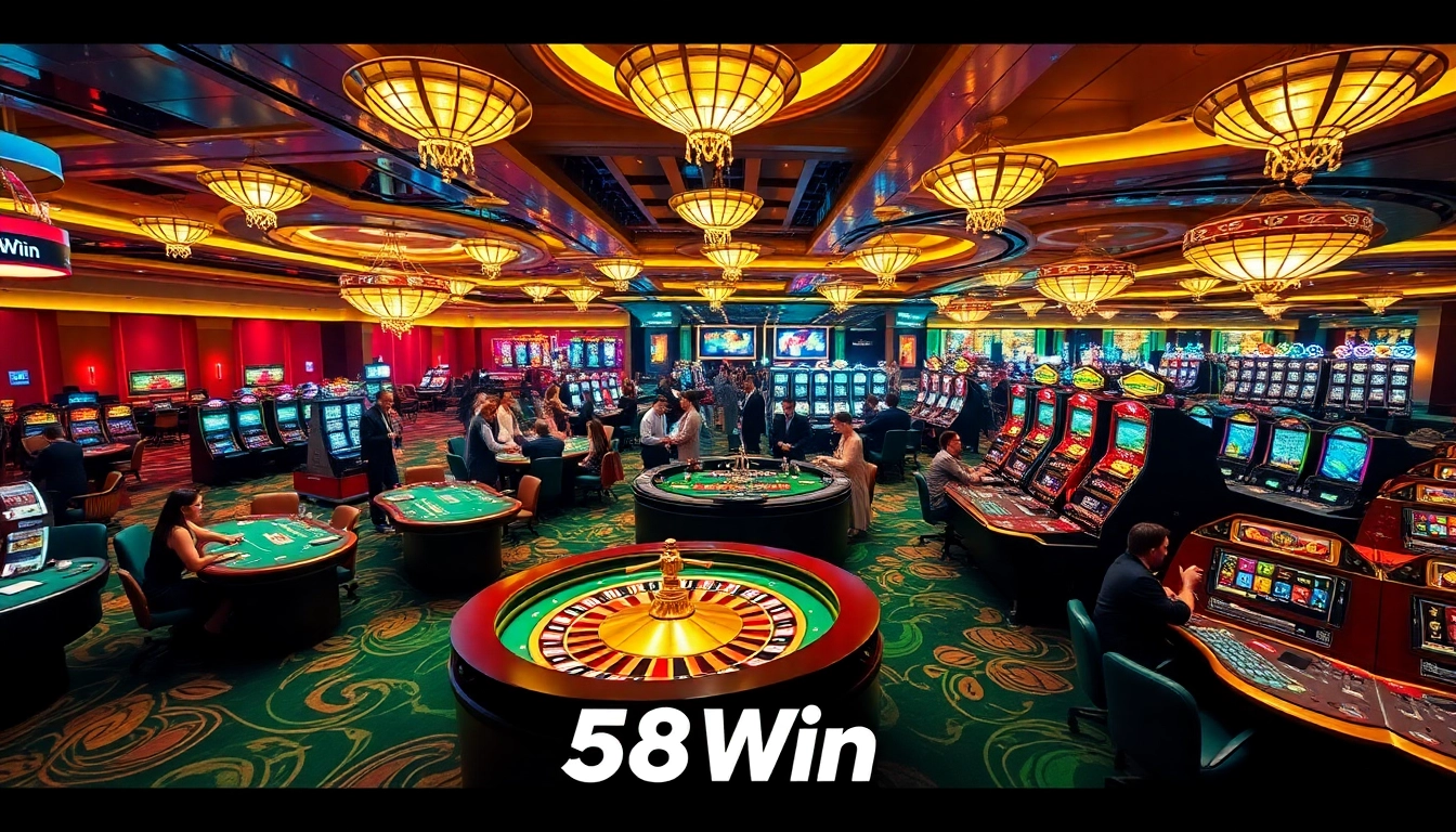 Exciting casino gaming atmosphere with poker tables, roulette, and slot machines at 58Win.