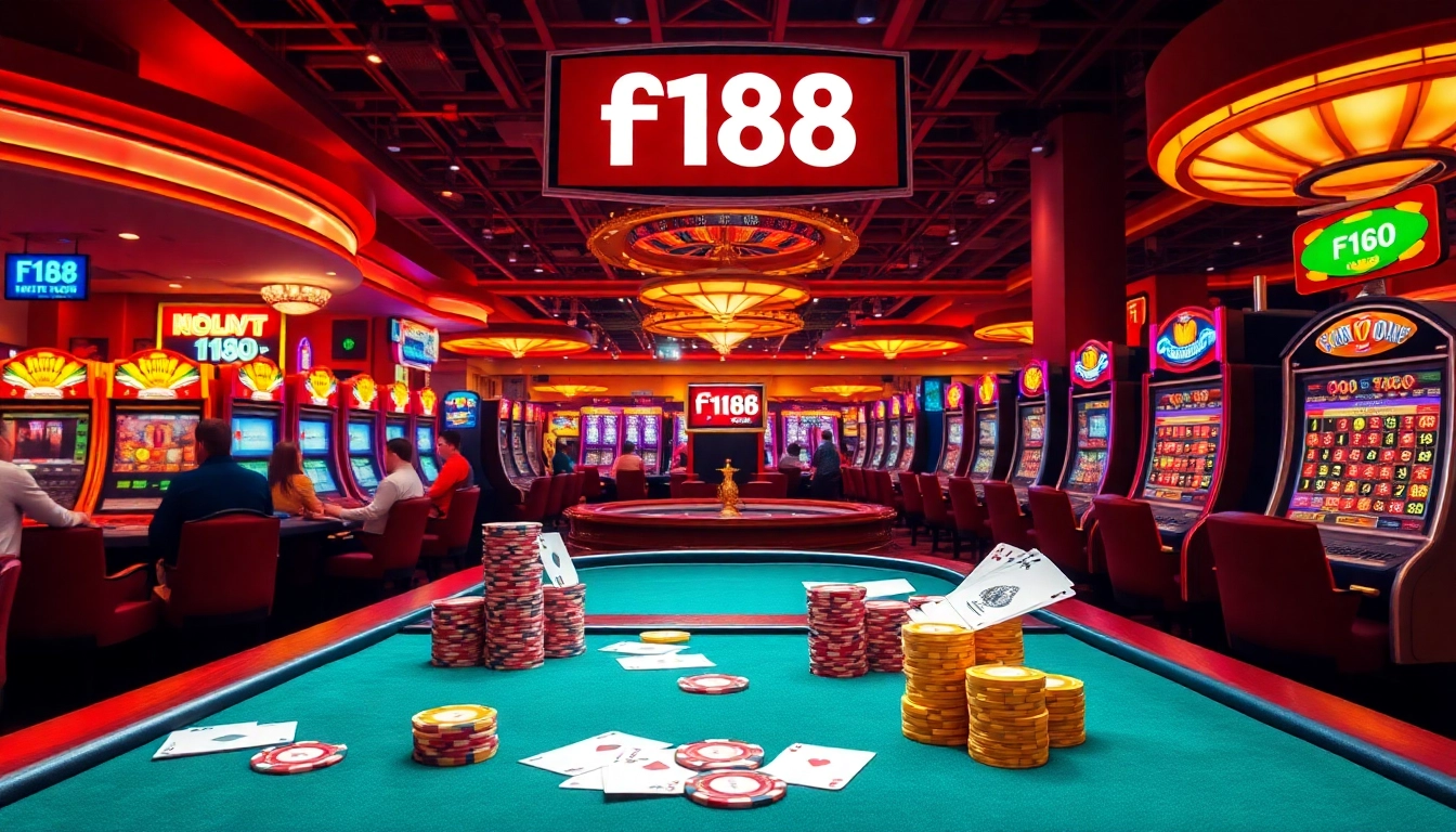 Experience the thrill of gambling at F168, with vivid poker action and roulette excitement in a bustling casino.