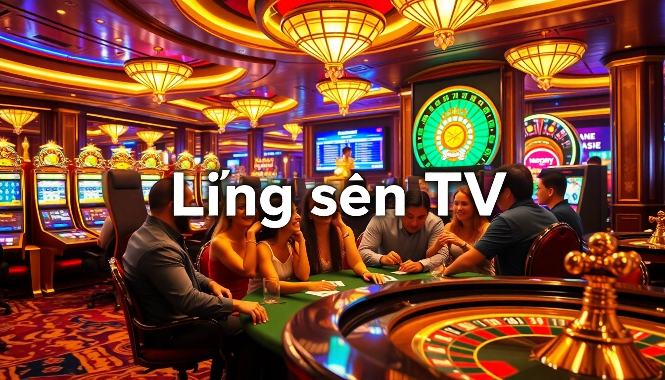 Lương sơn TV features players enjoying vibrant casino games like poker and slot machines in a luxurious setting.