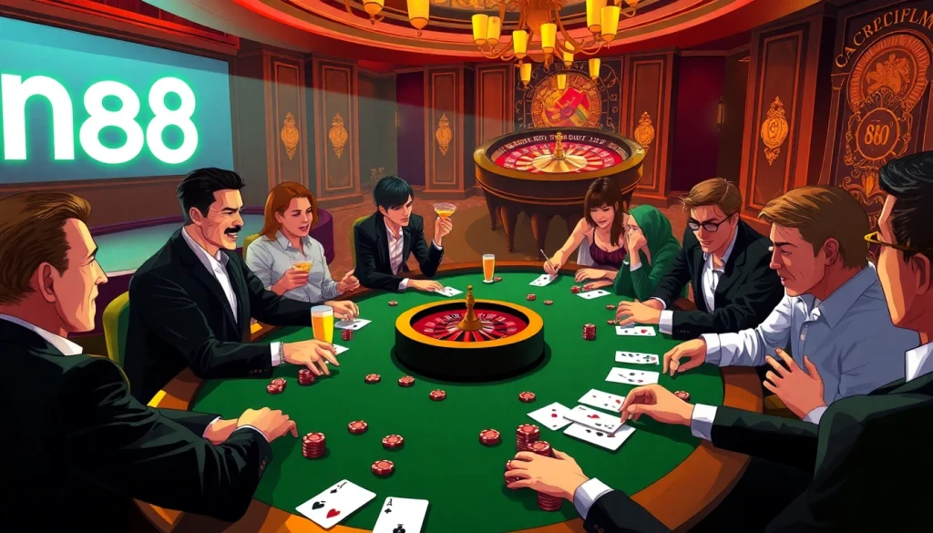 Players enjoy a thrilling poker game at New88 casino, showcasing high-stakes action, vibrant ambience, and excitement.