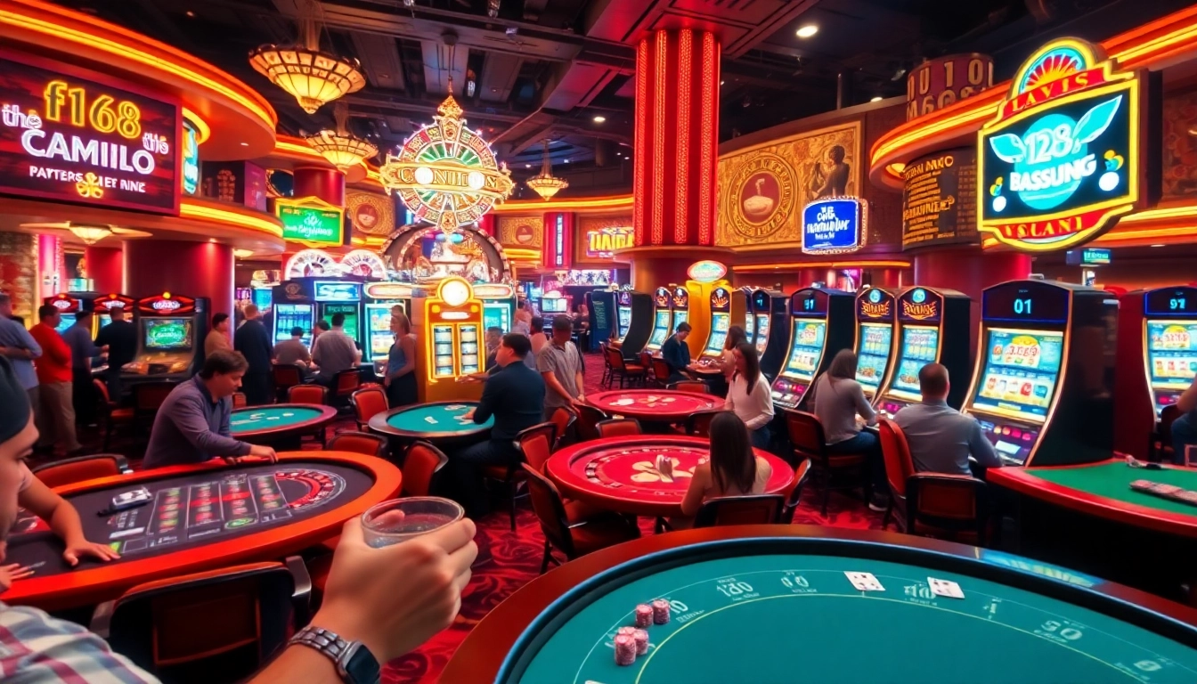Experience the energy of f168 gaming with vibrant casino action, featuring players at blackjack and roulette tables.
