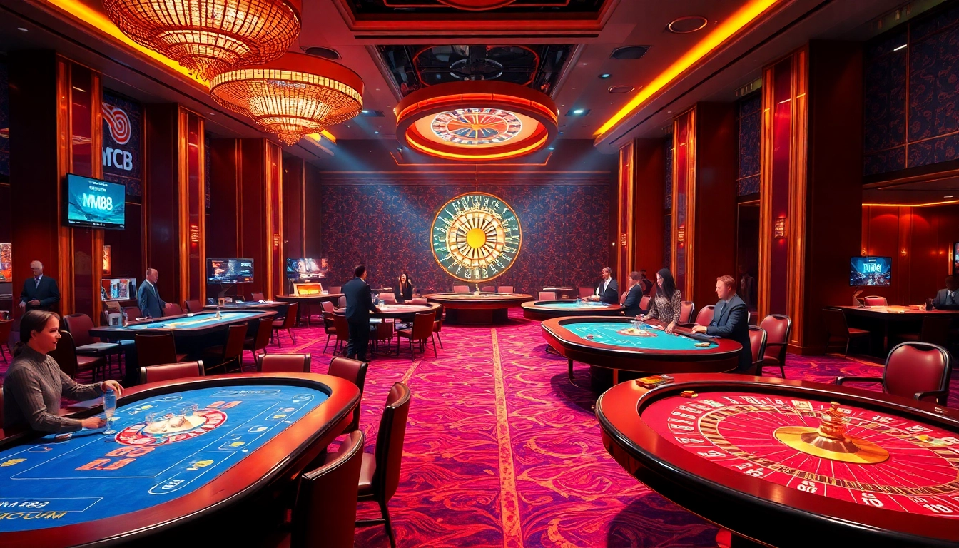 Engage with the thrill of MM88 at a luxurious casino featuring vibrant gaming tables and casino action.
