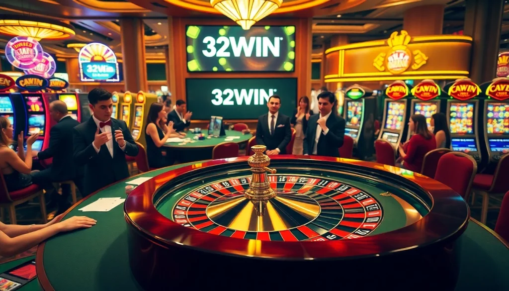 Players experiencing the thrill of winning at 32WIN’s vibrant casino, featuring roulette and slot games.