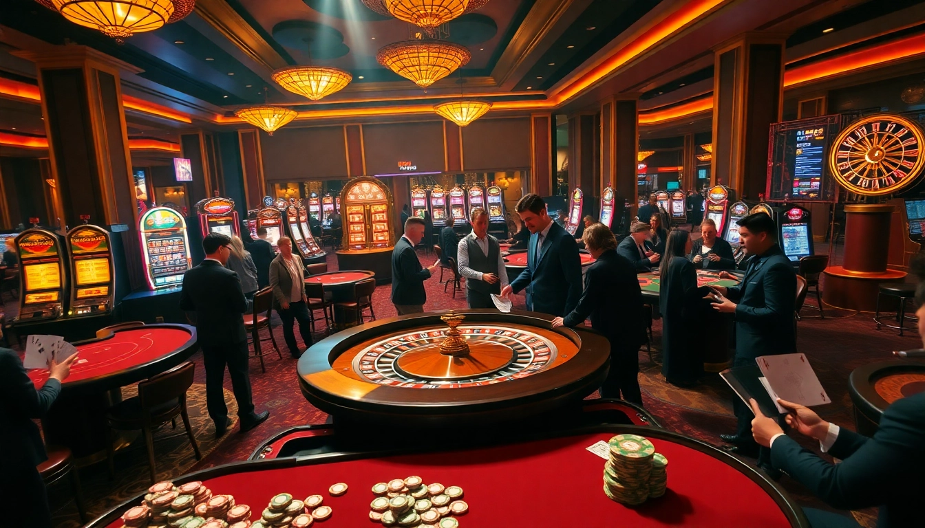 Exciting game scene at rr88 casino showcasing players at roulette table and vibrant slot machines.