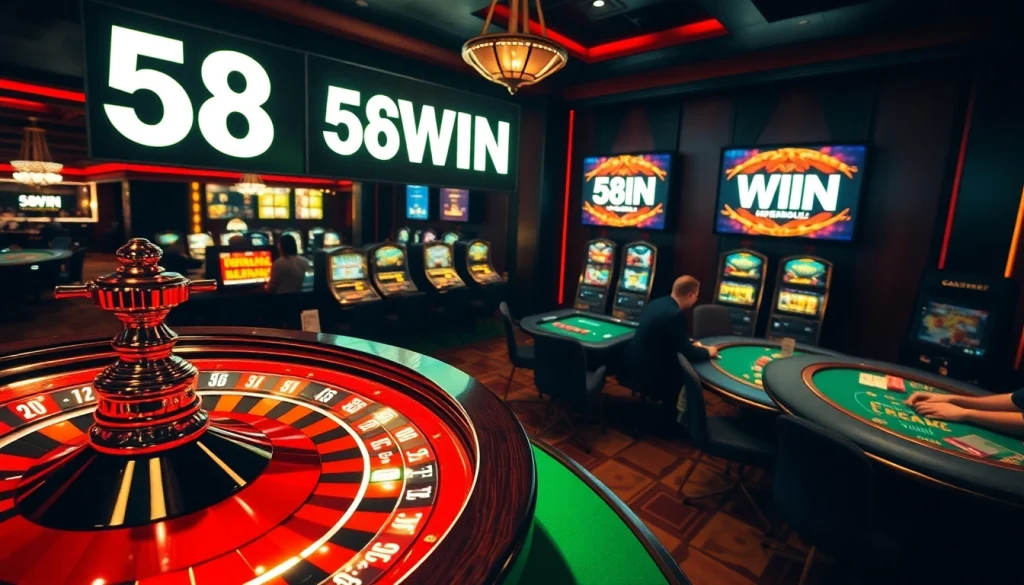 58WIN's vibrant casino scene showcasing players at a roulette table, immersive gaming atmosphere.