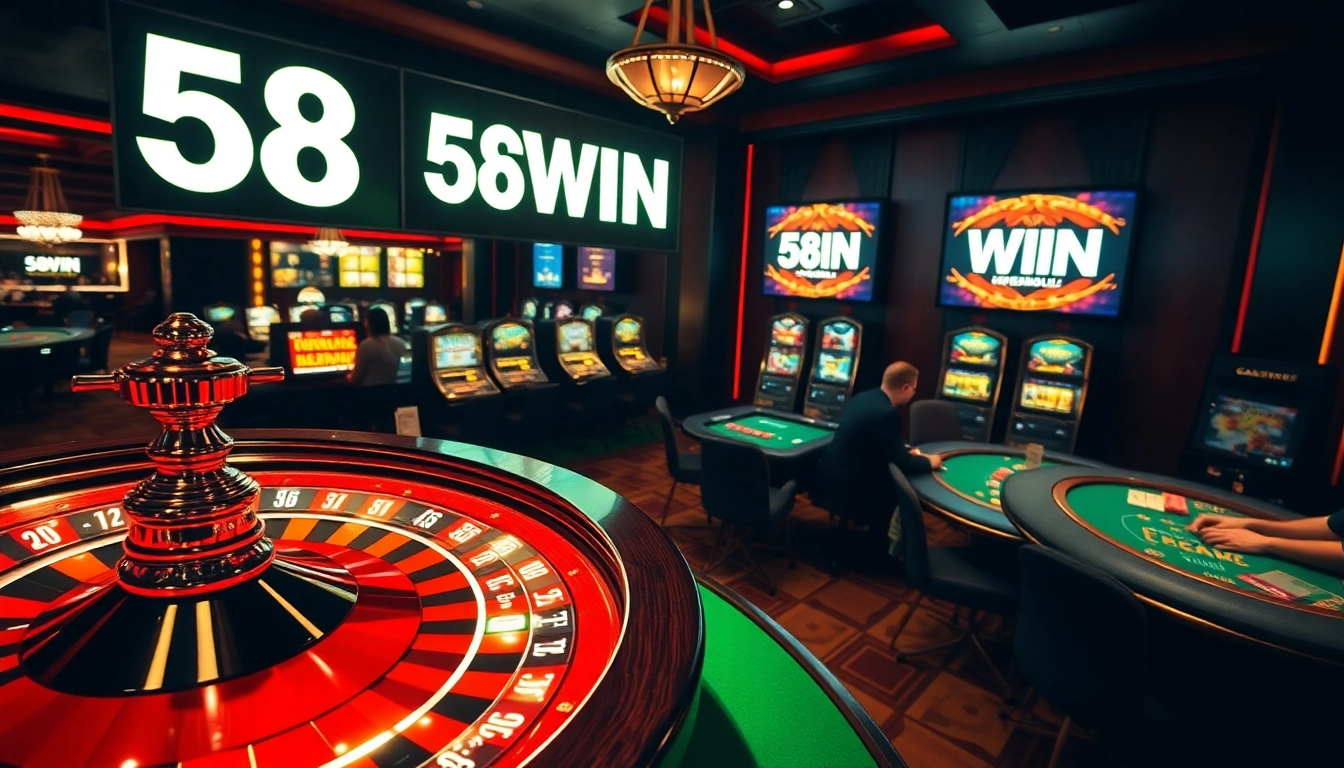 58WIN's vibrant casino scene showcasing players at a roulette table, immersive gaming atmosphere.