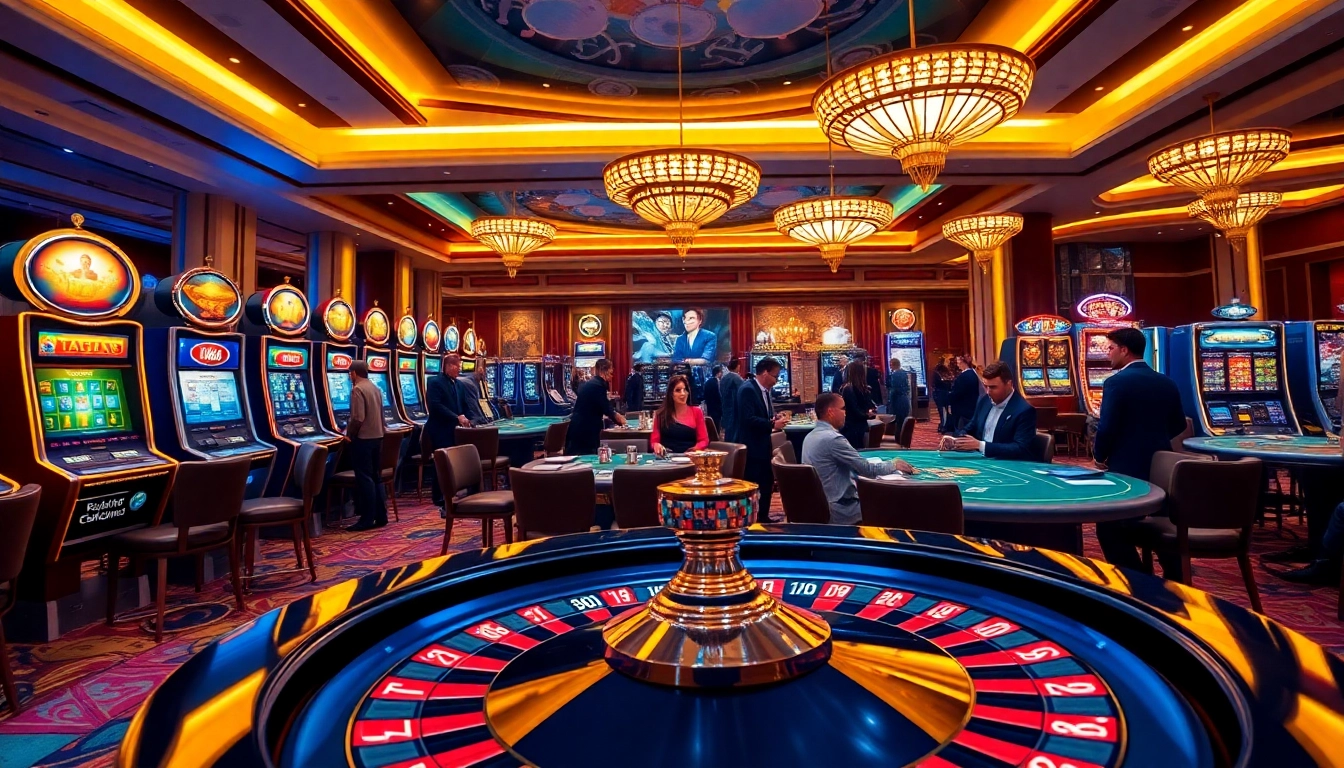 Action-packed casino scene showcasing tk88 gaming tables with players enjoying high-stakes poker and roulette.