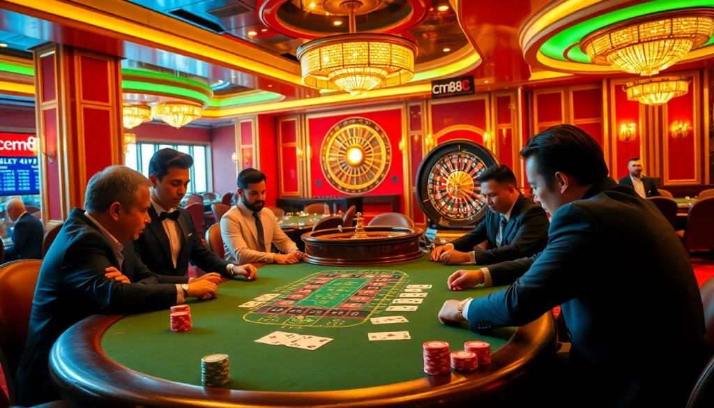 Experience high-stakes excitement at cm88 casino with vibrant poker tables, colorful chips, and dazzling lights.