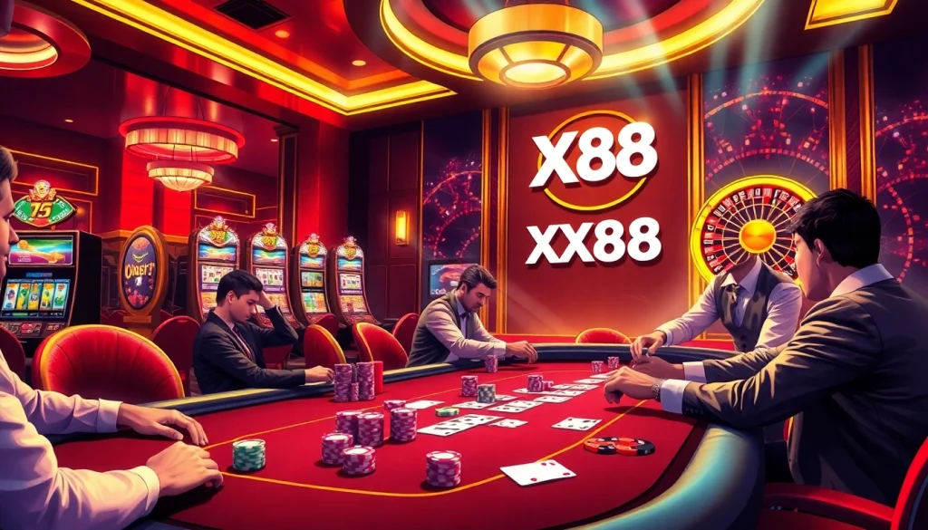 Experience the thrill of gambling as players engage at the XX88 poker table, surrounded by vibrant casino lights and chips.