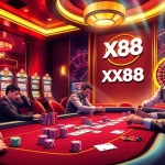 Experience the thrill of gambling as players engage at the XX88 poker table, surrounded by vibrant casino lights and chips.