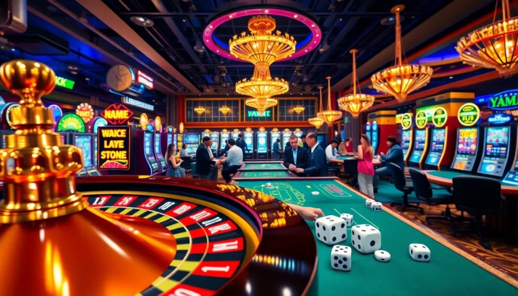 Exciting casino scene featuring MM88 poker tables, roulette wheels, and vibrant slot machines, showcasing the thrill of gaming.