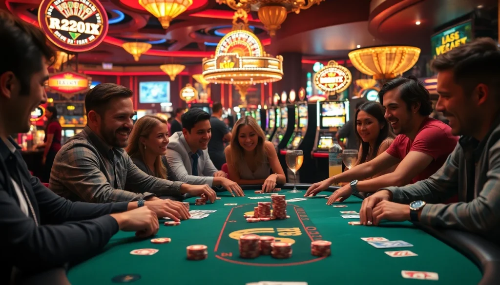 KJC poker table in a Las Vegas casino setting, highlighting thrilling gameplay and colorful chips.