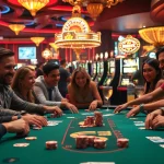 KJC poker table in a Las Vegas casino setting, highlighting thrilling gameplay and colorful chips.