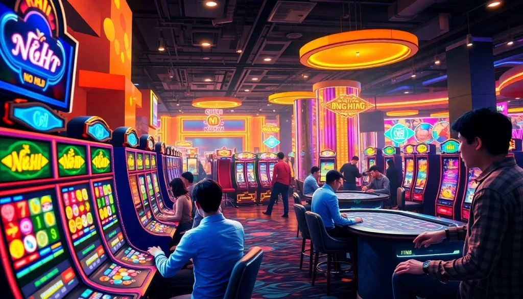 Nổ Hũ gaming excitement with colorful slot machines and players cheering.