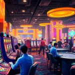 Nổ Hũ gaming excitement with colorful slot machines and players cheering.