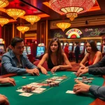 3KING's thrilling casino scene showcasing poker players at a vibrant table surrounded by slot machines and roulette wheels.
