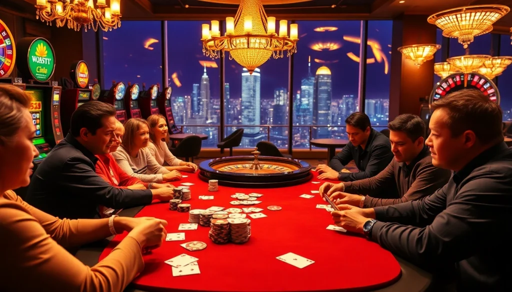 Experience the thrill of top 10 nhà cái uy tín with lively players at a poker table showcasing excitement.