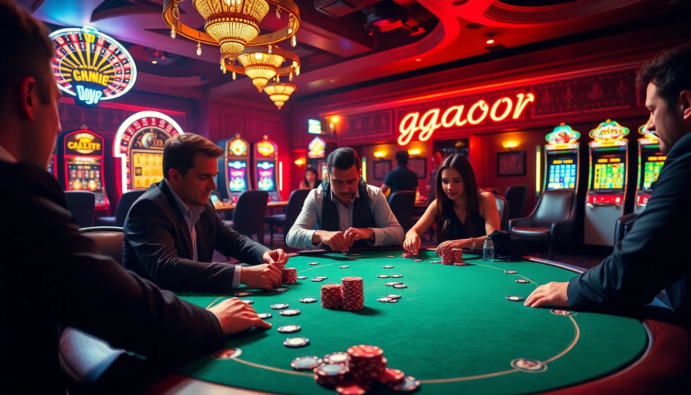 Gacor123 elevates the thrill of poker games in this vibrant casino setting with illuminated slot machines and exciting players.