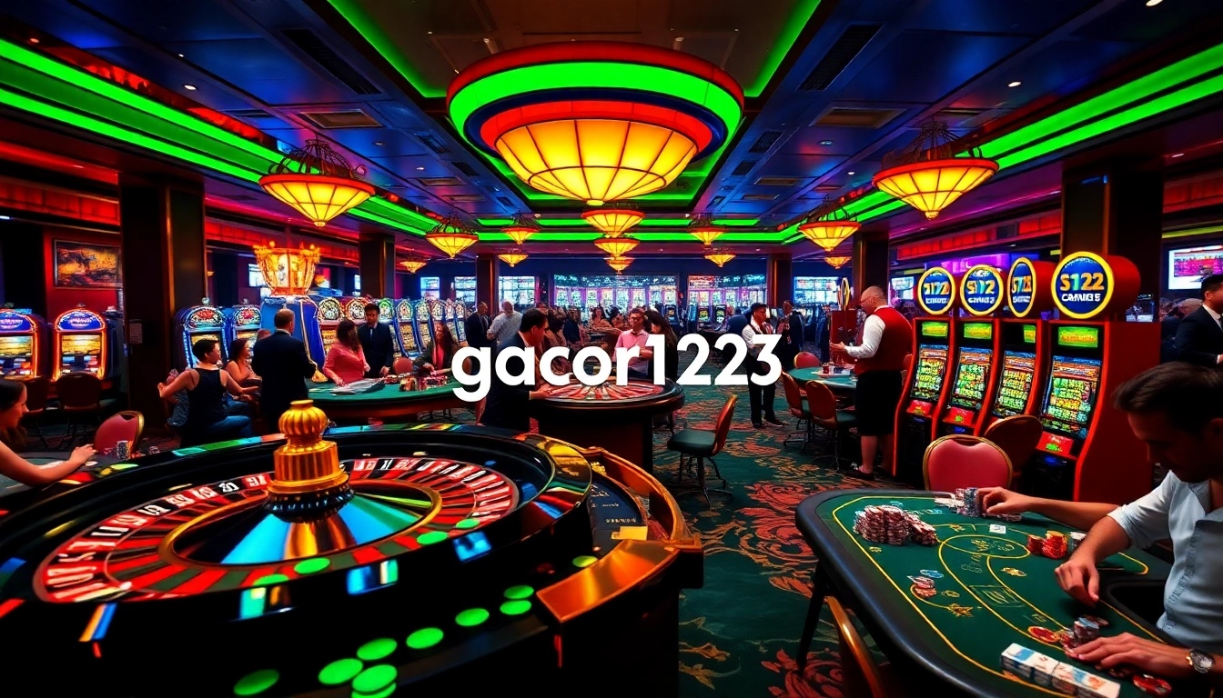 Experience gacor123 excitement with players at a dynamic roulette table in a vibrant casino atmosphere.